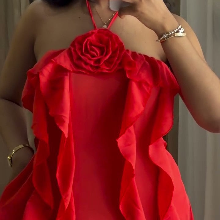 Rose Detail Halter Ruffle Cascade Maxi Dress - close up rose detail