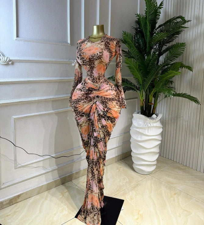 Tie Dye Ruched Bodycon Maxi Dress – Long Sleeve Floor-Length Vacation Dress