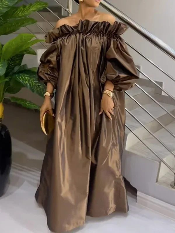 Luxe Falbala Puff Sleeve Maxi Dress – Off-Shoulder Evening Gown