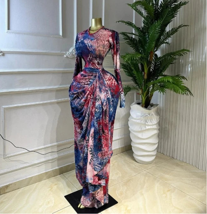 Tie Dye Ruched Ribbon Maxi Dress – Elegant Floor-Length Evening Dress