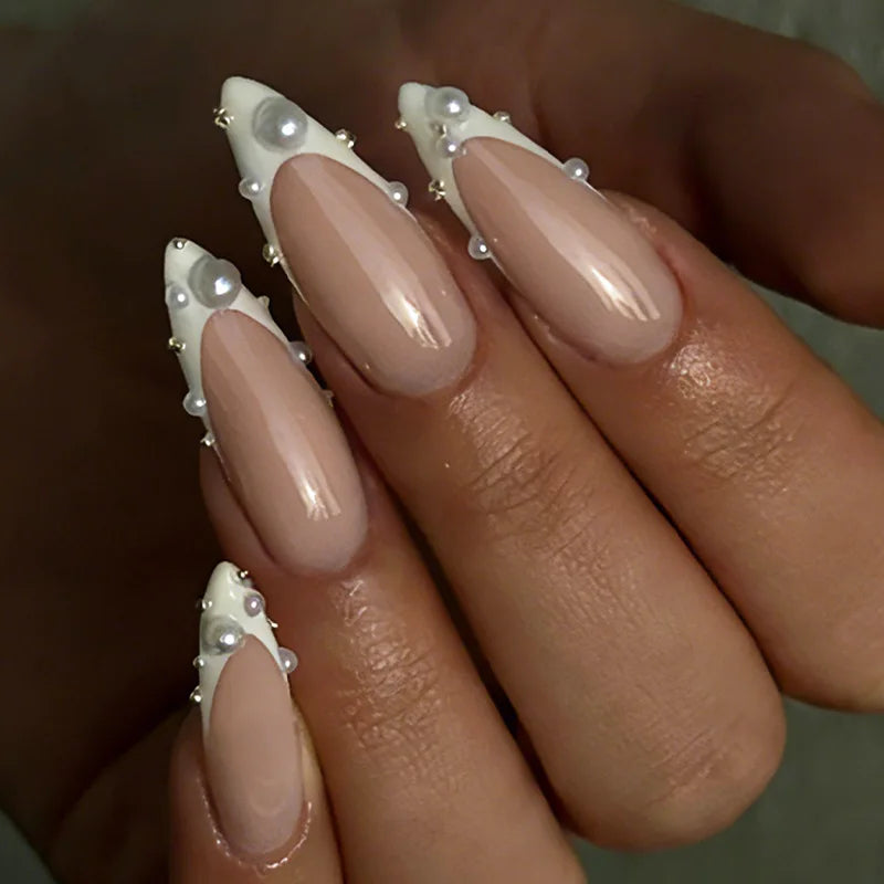 Glitter Bow Almond Press-On Nails – 24pcs Sweet Korean Style