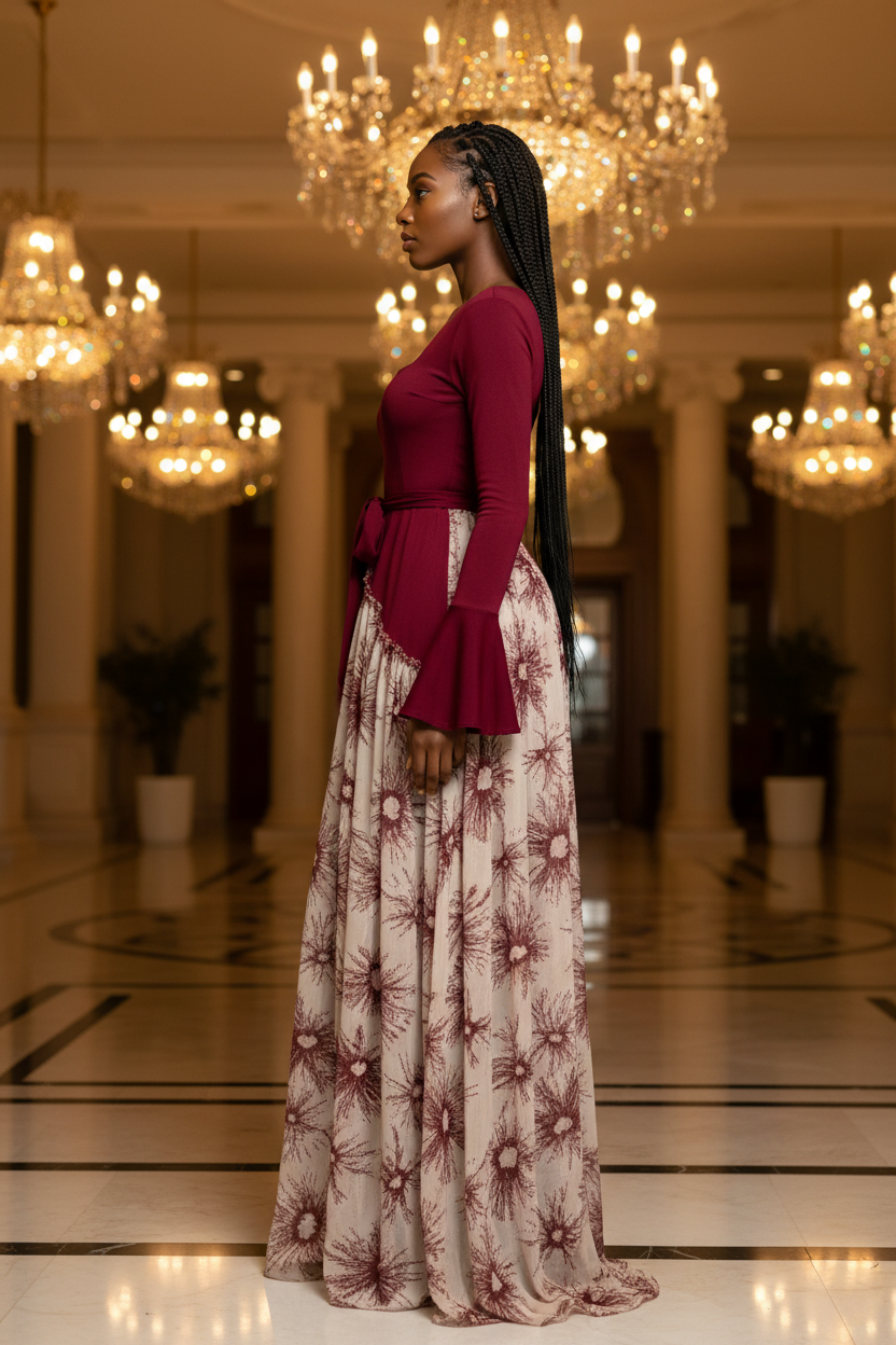 Burgundy dress side view hotel lobby