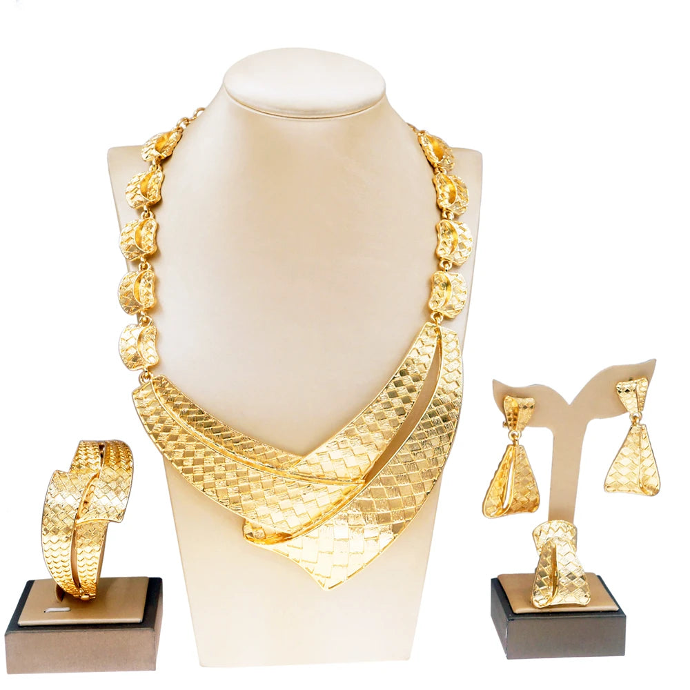Luxe Gold Plated Statement Jewellery Set - Necklace, Earrings, Bracelet & Ring