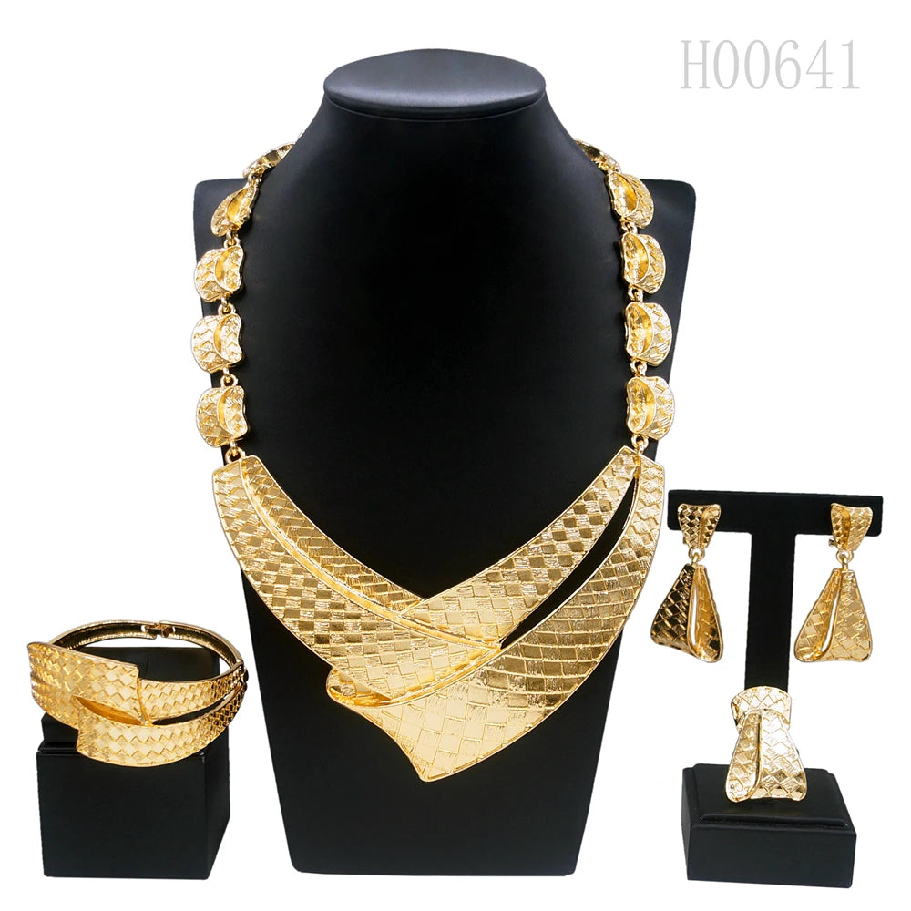Luxe Gold Plated Statement Jewellery Set - Necklace, Earrings, Bracelet & Ring