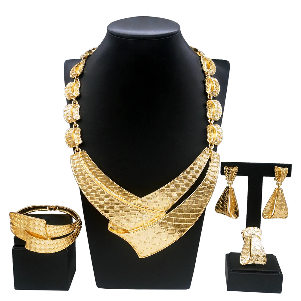 Luxe Gold Plated Statement Jewellery Set - Necklace, Earrings, Bracelet & Ring