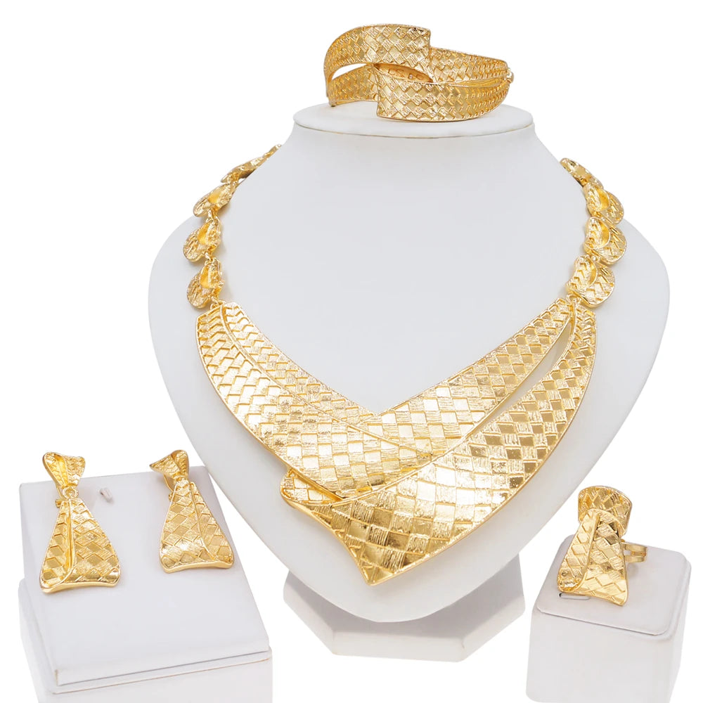 Luxe Gold Plated Statement Jewellery Set - Necklace, Earrings, Bracelet & Ring
