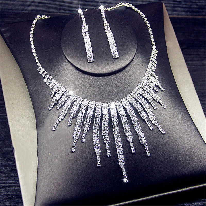 Geometric Rhinestone Tassel Necklace & Earrings Set