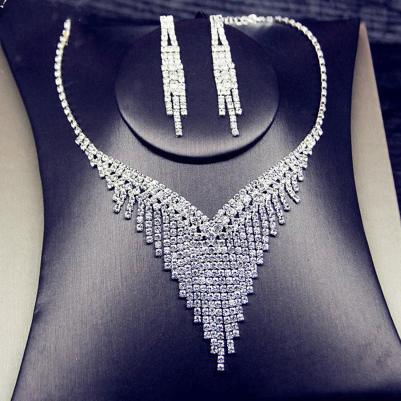 Geometric Rhinestone Tassel Necklace & Earrings Set
