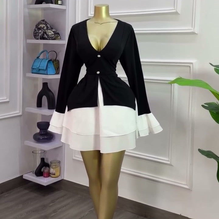 V-Neck Colour Block Ruffle Hem Mini Dress - Front view with room background