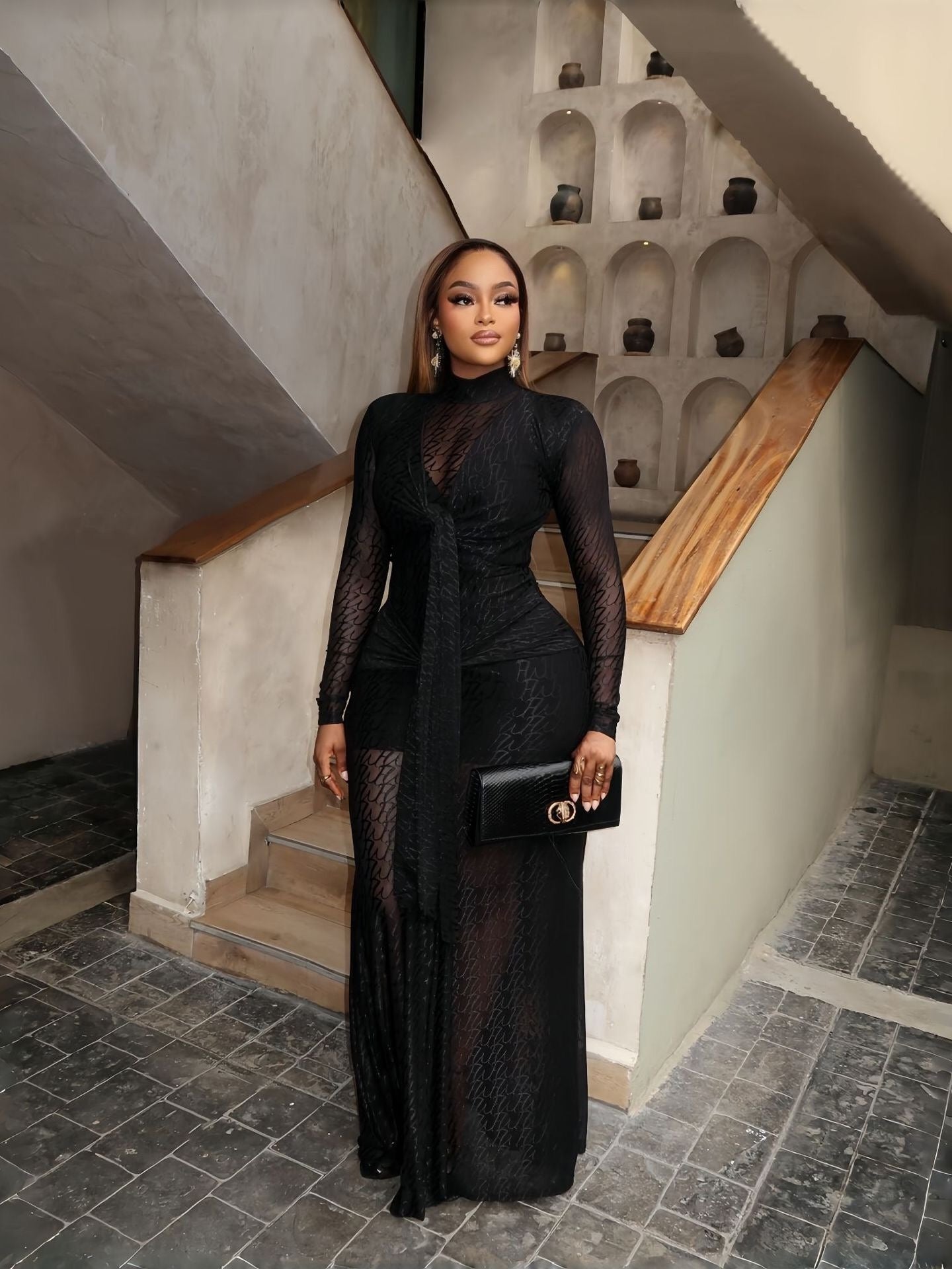 Sheer Lace High-Neck Long Sleeve Maxi Dress - elegant standing pose