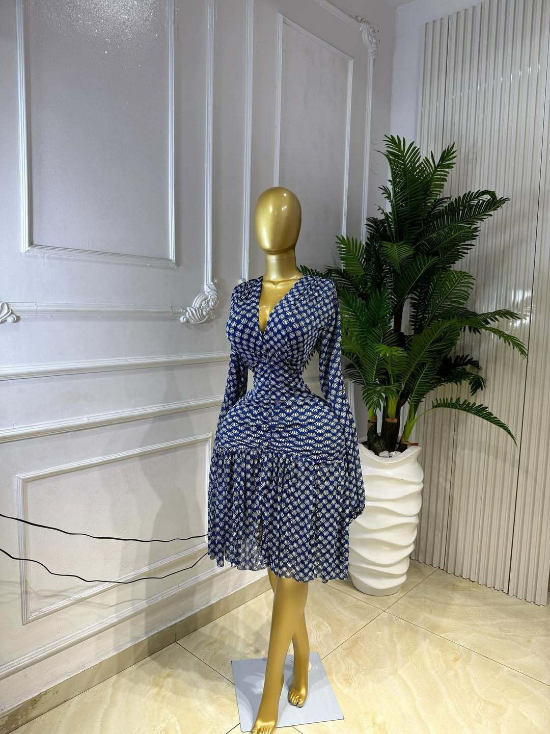 V-Neck Wrap Floral Mini Dress - Navy Blue mannequin side