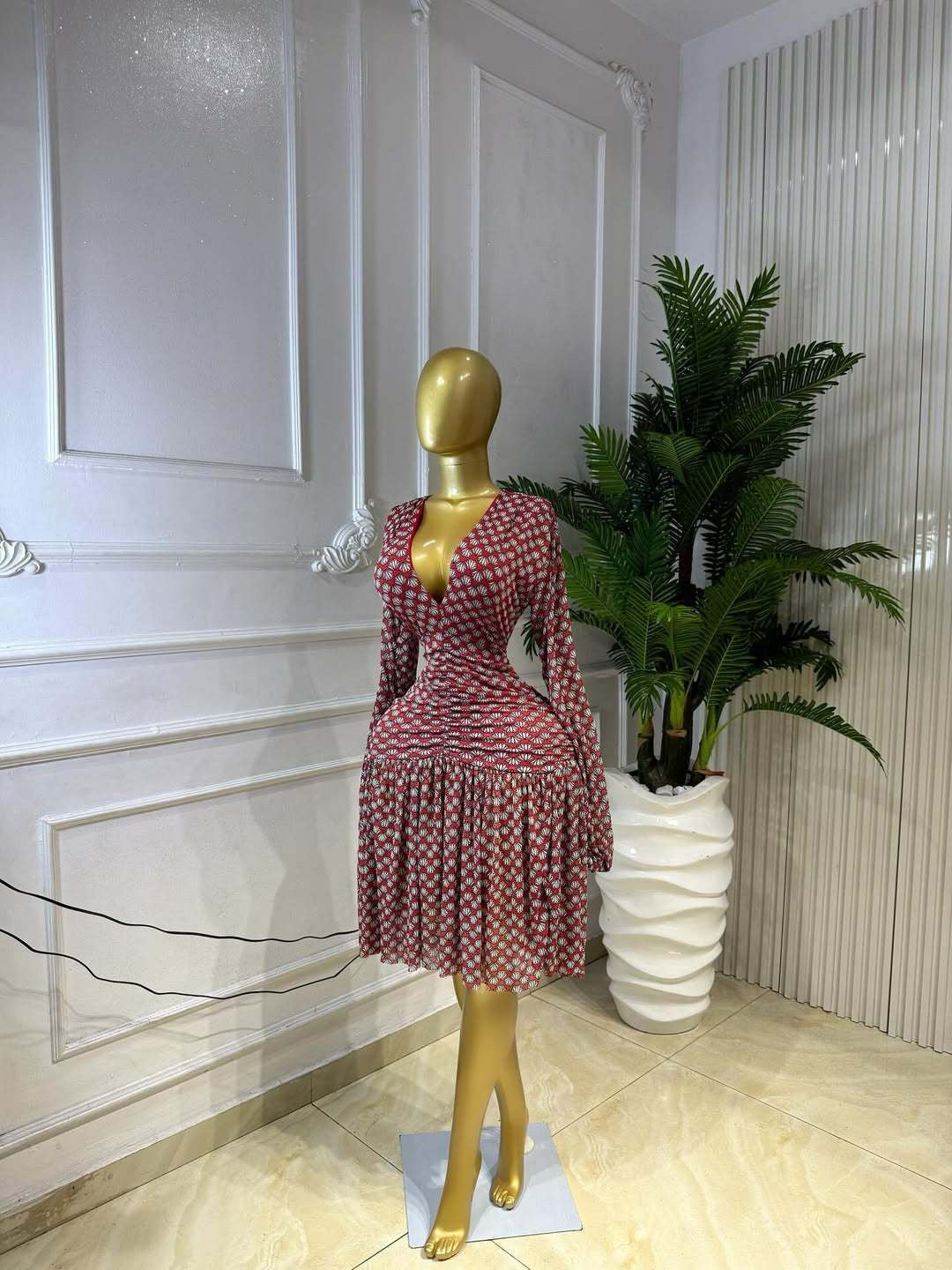 V-Neck Wrap Floral Mini Dress - Burgundy mannequin front