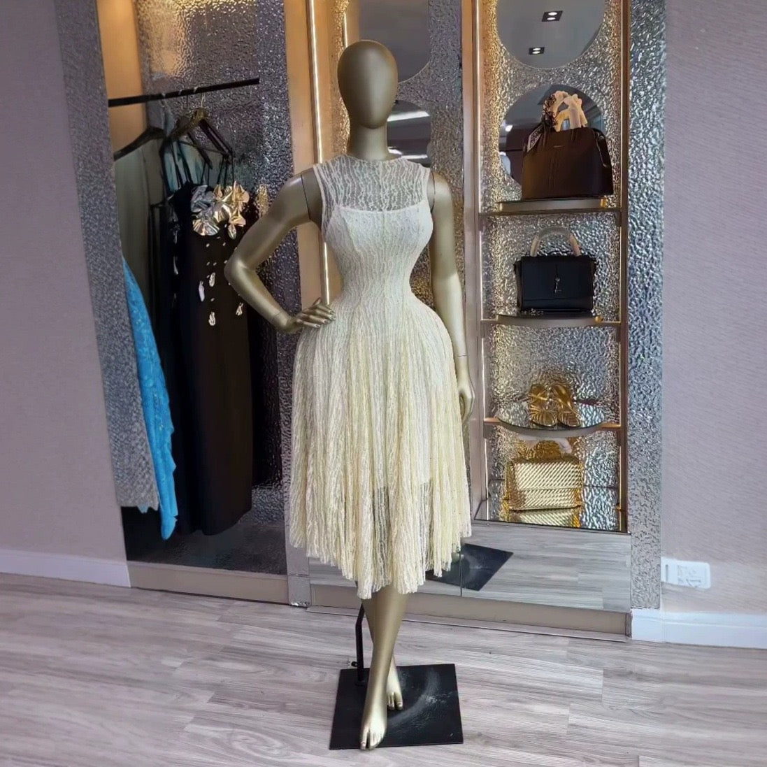 Sequin Fringe Midi Dress - Olive Green front view