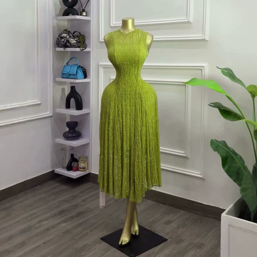 Sequin Fringe Midi Dress - Olive Green third angle