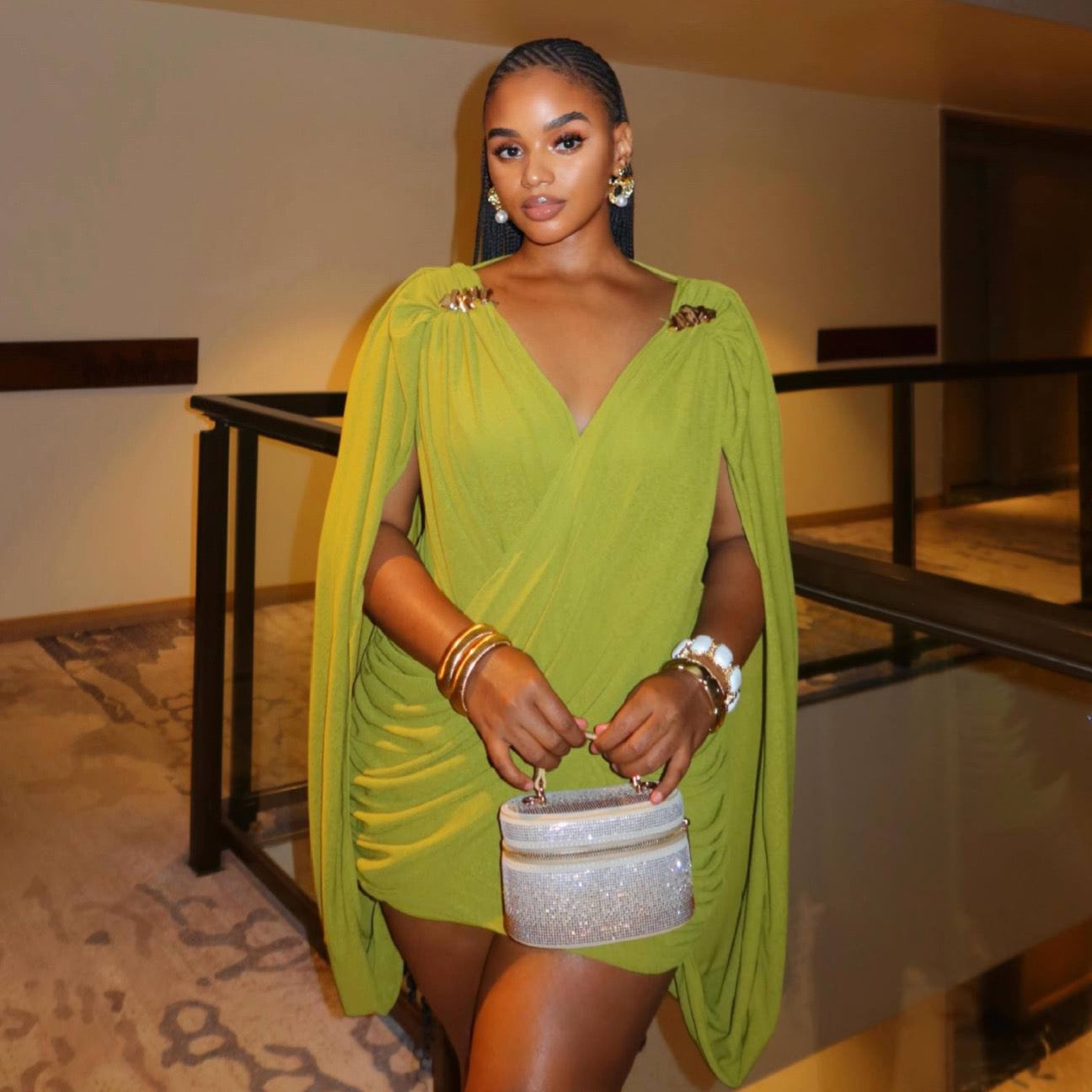 V-Neck Cape Sleeve Ruched Mini Dress - front close up