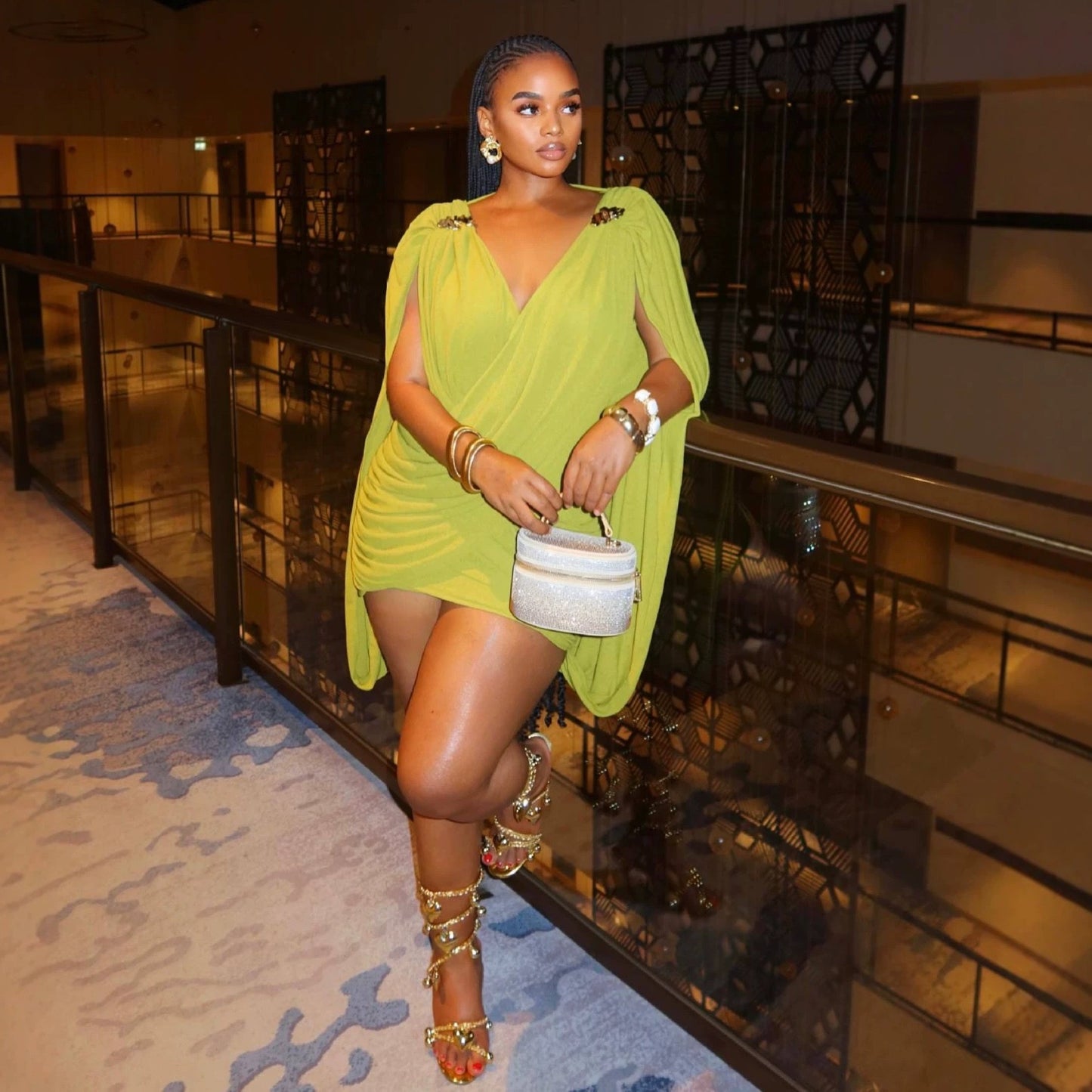 V-Neck Cape Sleeve Ruched Mini Dress - full length front