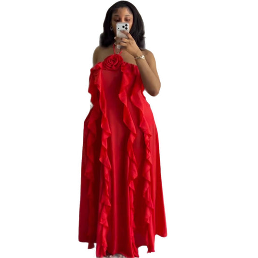 Rose Detail Halter Ruffle Cascade Maxi Dress - full length standing pose