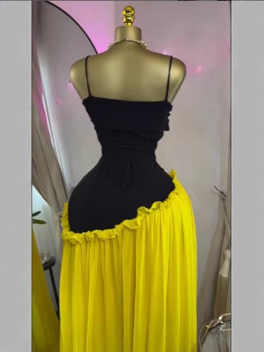 Patchwork Ruffle Strap A-Line Maxi Dress with Scarf