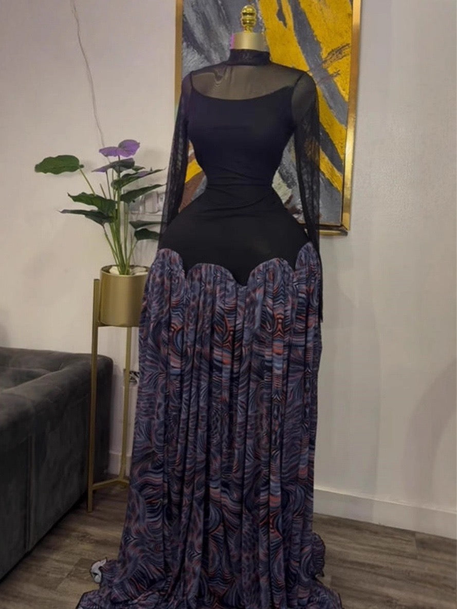 Tie Dye Patchwork Slash Neck A-Line Maxi Dress