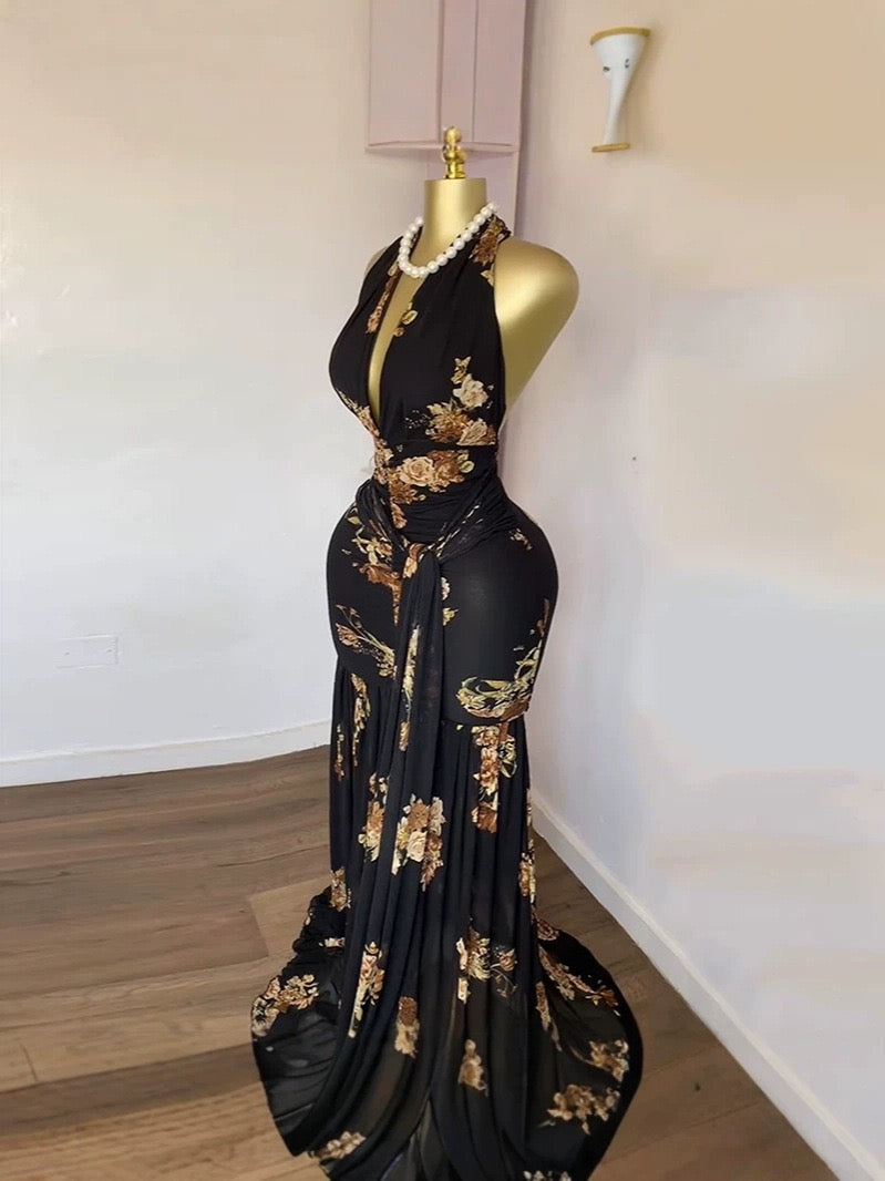 Floral Halter V-Neck Backless Ruched Ruffle Maxi Dress