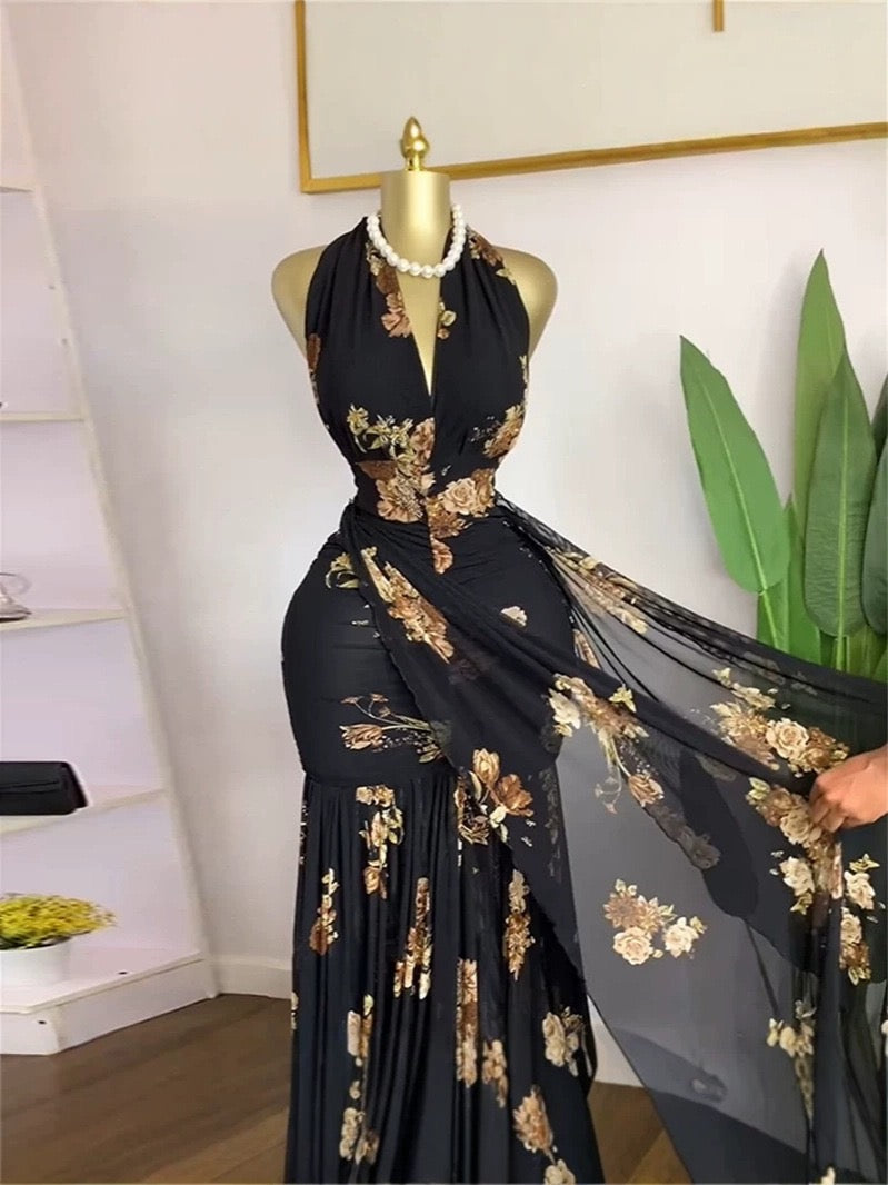 Floral Halter V-Neck Backless Ruched Ruffle Maxi Dress