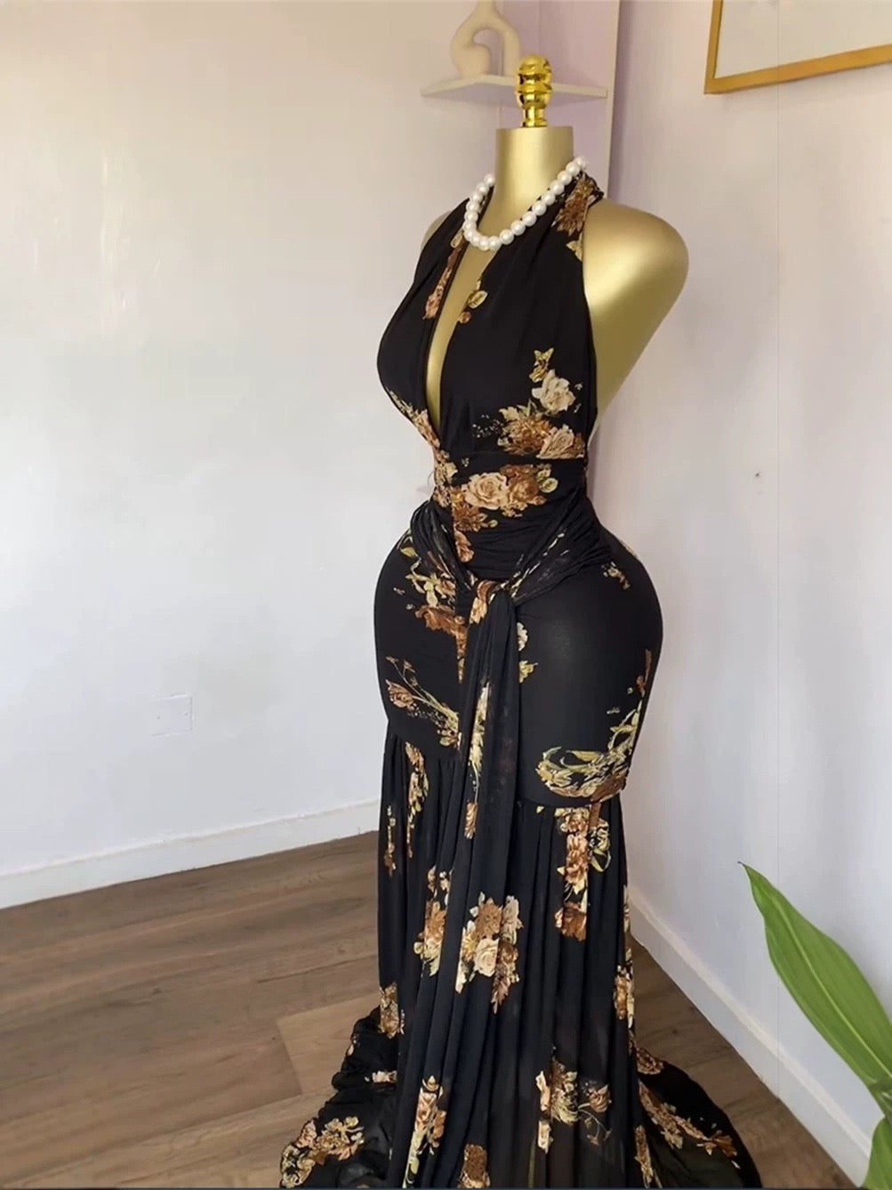 Floral Halter V-Neck Backless Ruched Ruffle Maxi Dress