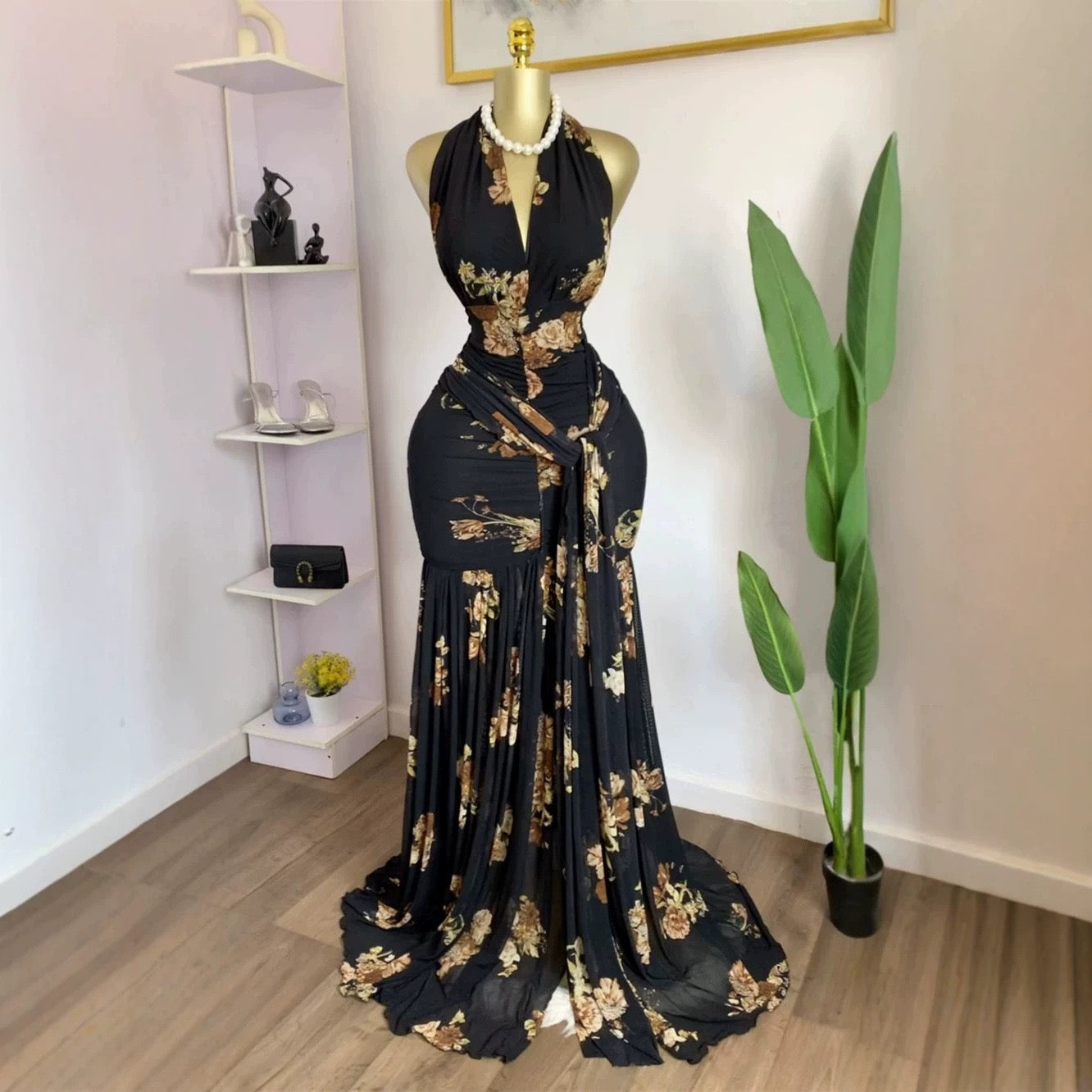 Floral Halter V-Neck Backless Ruched Ruffle Maxi Dress