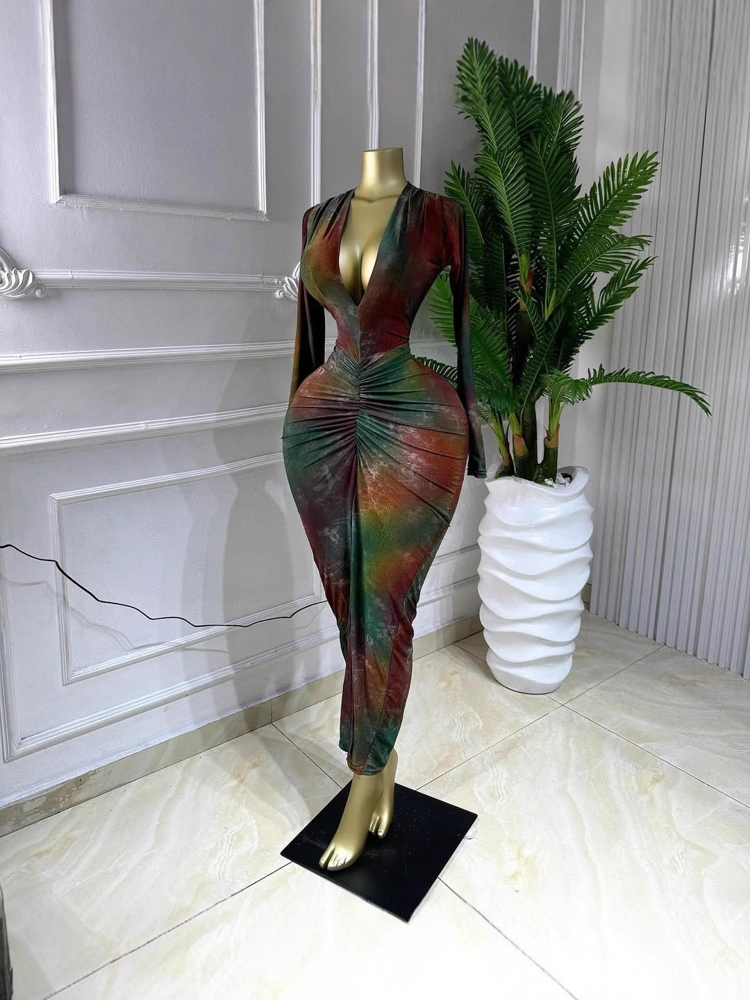 Printed V-Neck Ruched Bodycon Maxi Dress