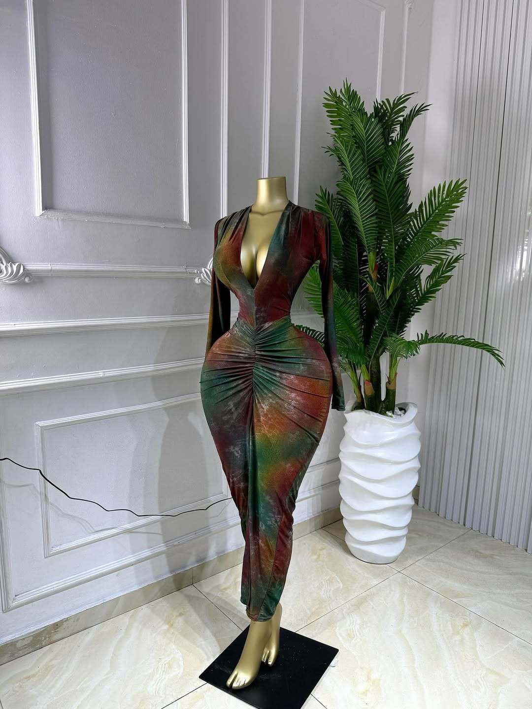 Printed V-Neck Ruched Bodycon Maxi Dress