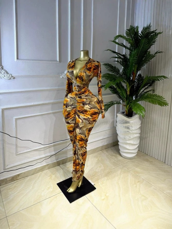 Printed V-Neck Ruched Bodycon Maxi Dress