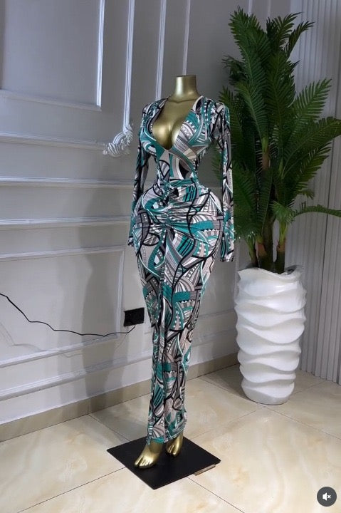 Printed V-Neck Ruched Bodycon Maxi Dress