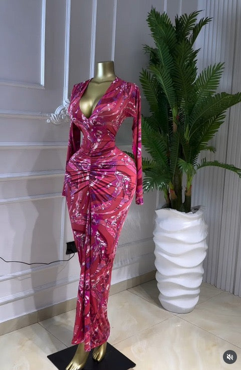 Printed V-Neck Ruched Bodycon Maxi Dress