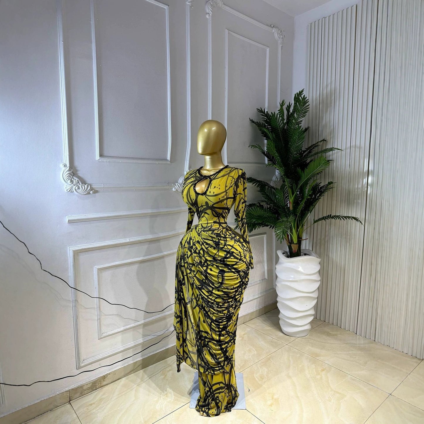 Striped Ribbon Ruched Long Sleeve Bodycon Maxi Dress