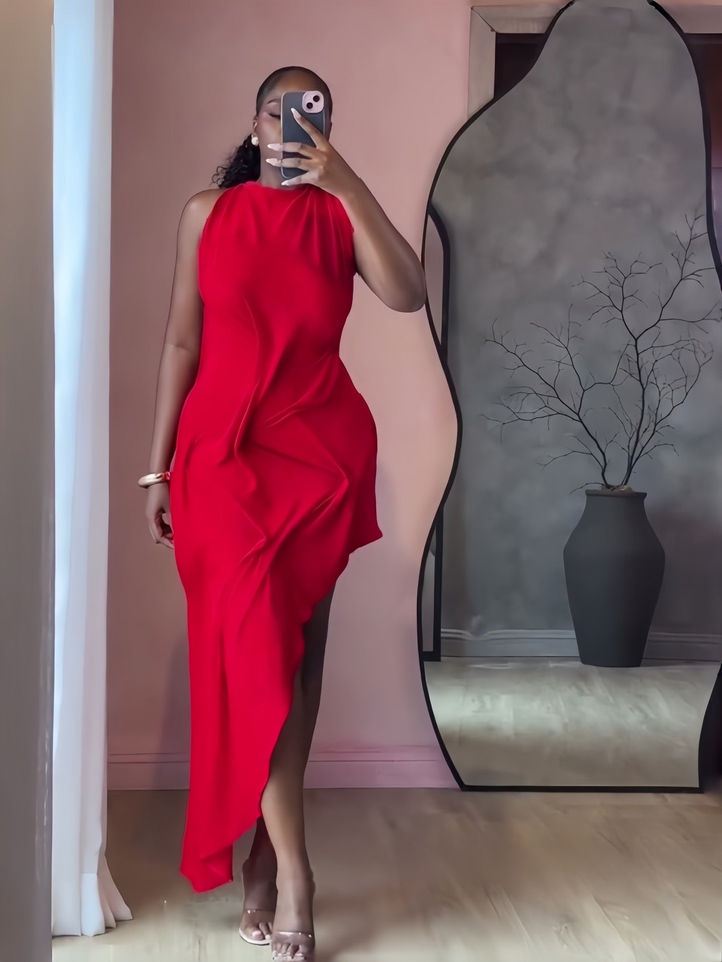 Soft Halter Ruched Asymmetrical Maxi Dress