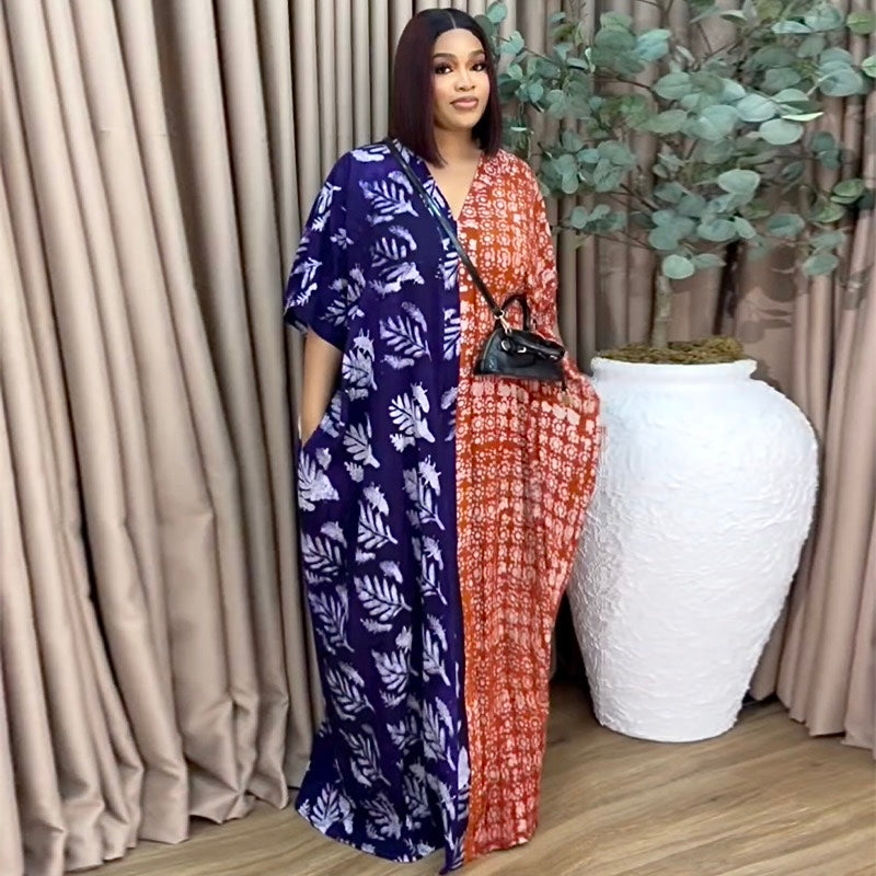 Leaf print colour block kaftan maxi dress - front view 2