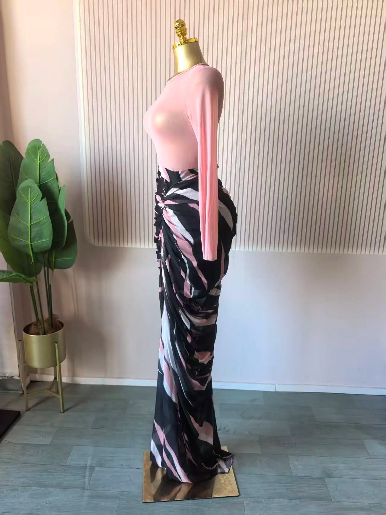 Tie Dye Patchwork Pleated Maxi Dress – Long Sleeve Bodycon Floor-Length Dress