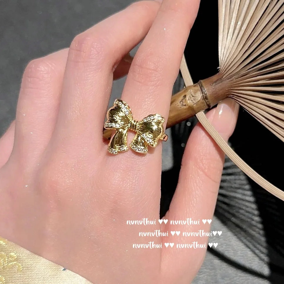 Luxe 18K Gold Bow Gemstone Necklace & Butterfly Zirconia Ring