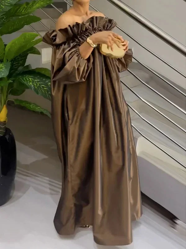 Luxe Falbala Puff Sleeve Maxi Dress – Off-Shoulder Evening Gown