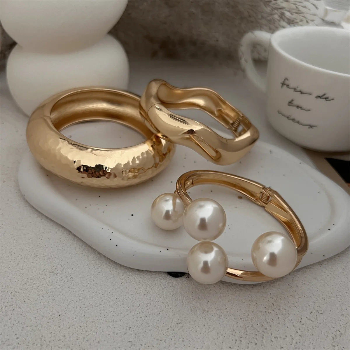 Chunky Pearl Open Cuff Bangle – Bold Statement Bracelet Gold & Silver