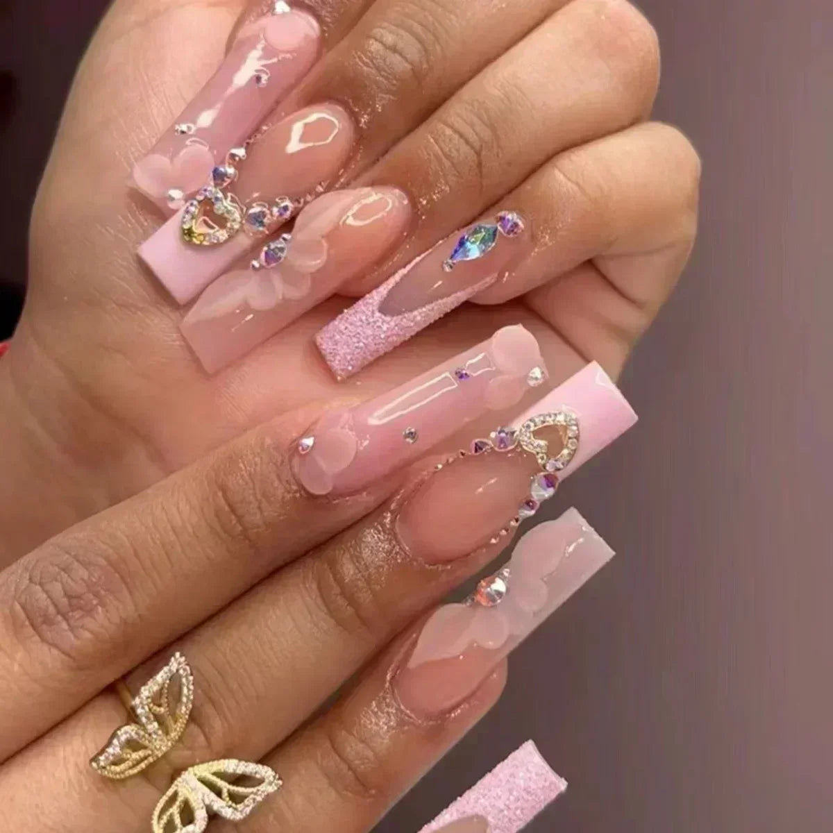 Pink Butterfly Glitter Press-On Nails - French Ballet