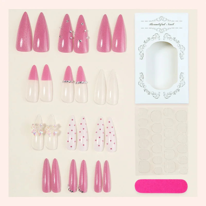 Glitter Bow Almond Press-On Nails – 24pcs Sweet Korean Style
