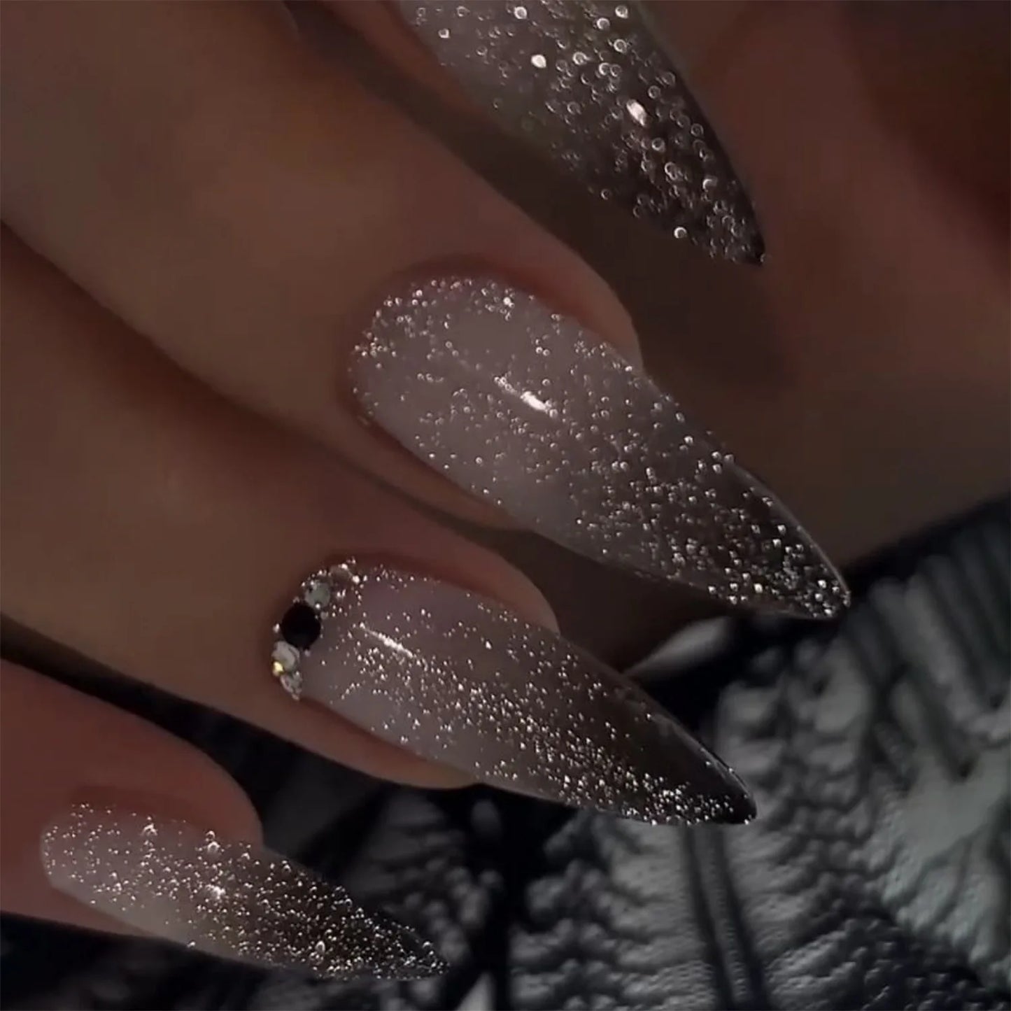 Nude Flower Rhinestone Stiletto Press-On Nails - Almond