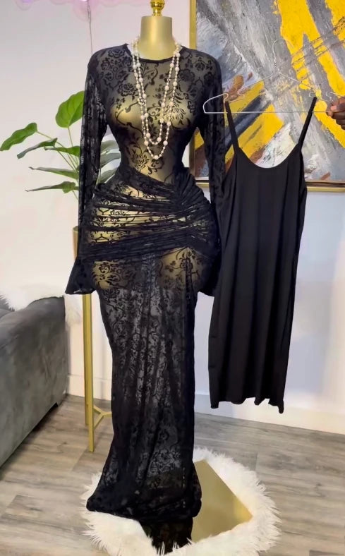 Mesh Bodycon Flare Sleeve Maxi Dress