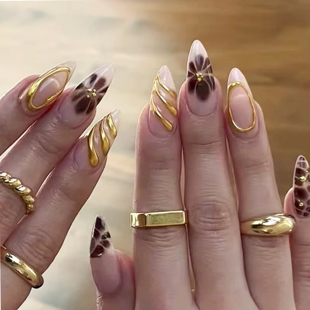 Retro Floral Gold Coffin Press-On Nails (24pcs)
