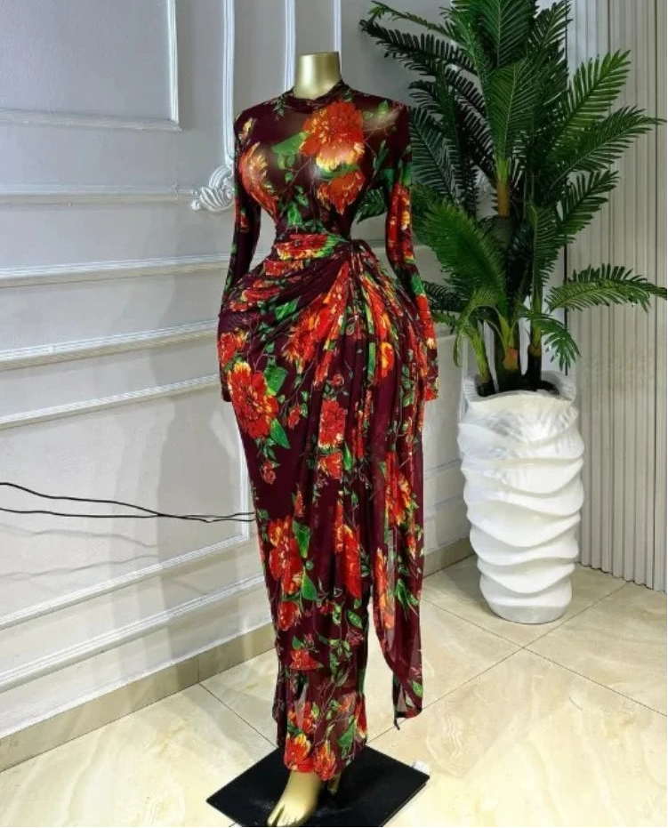 Floral Mesh Draped Wrap Maxi Dress