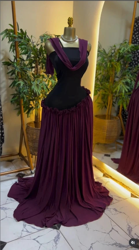 Patchwork Ruffle Strap A-Line Maxi Dress with Scarf