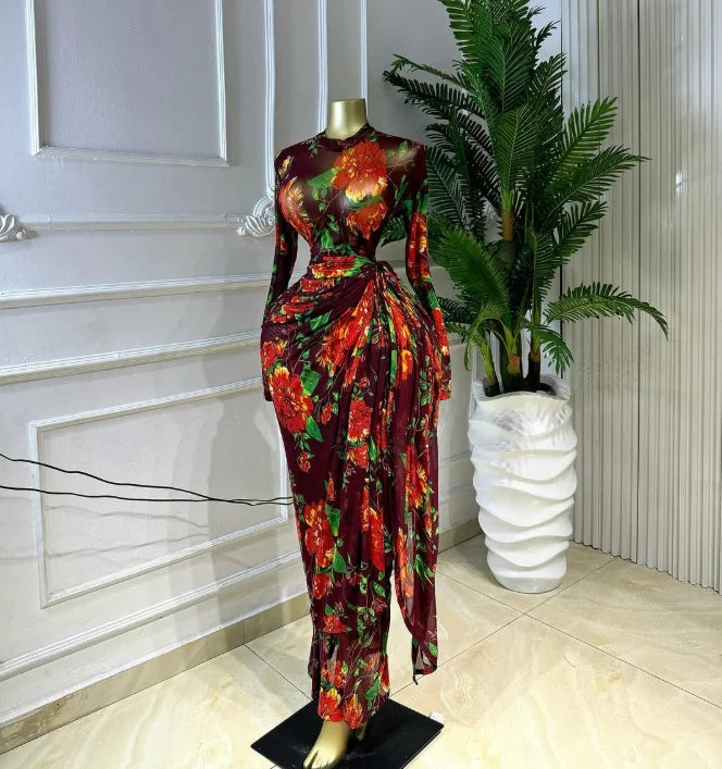 Floral Mesh Draped Wrap Maxi Dress