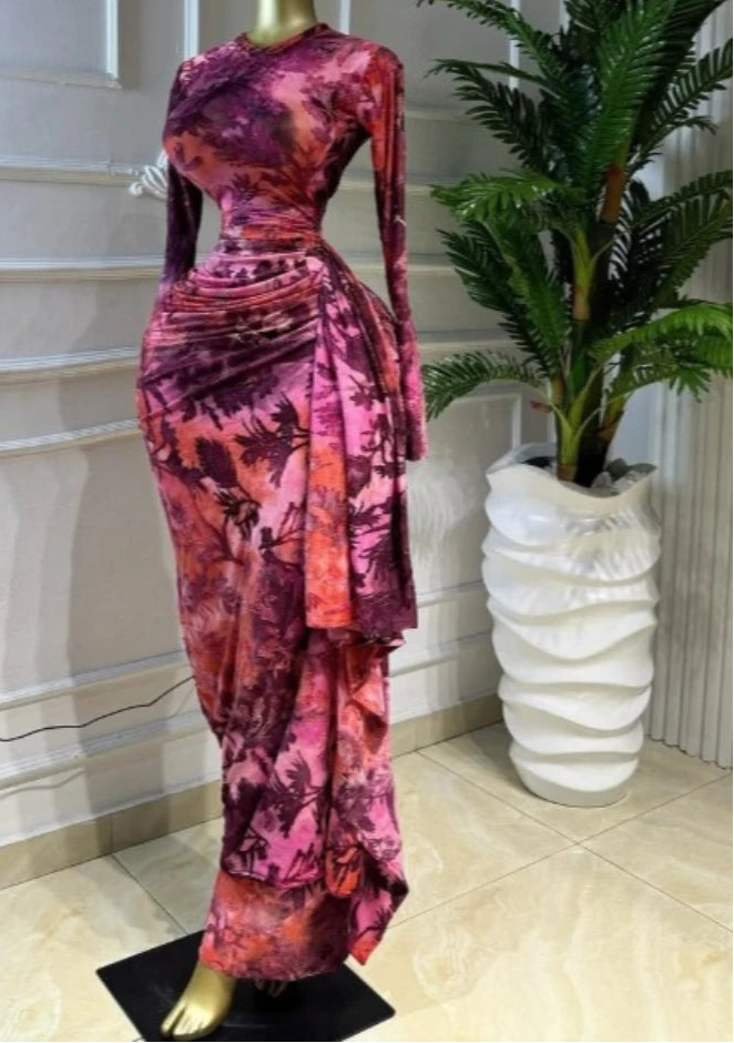 Tie Dye Ruched Ribbon Maxi Dress – Elegant Floor-Length Evening Dress