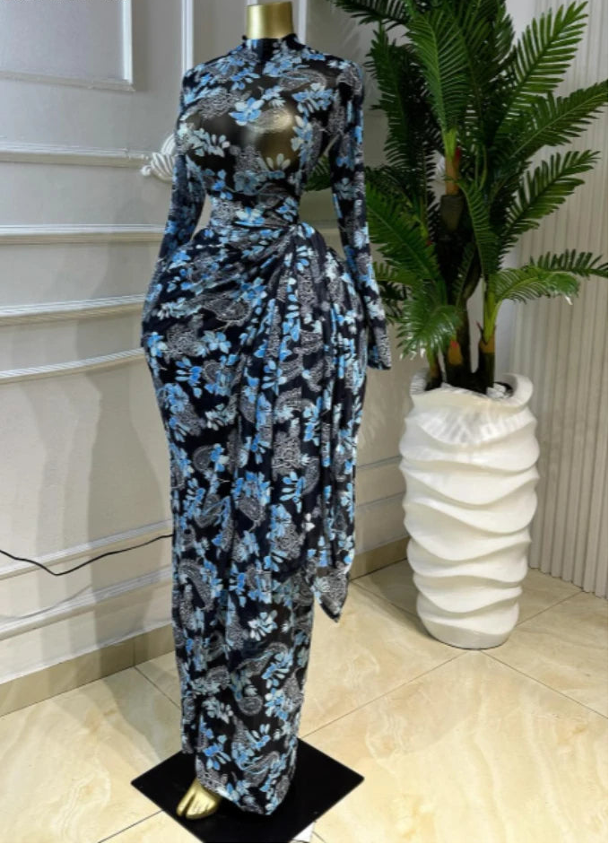 Floral Mesh Draped Wrap Maxi Dress
