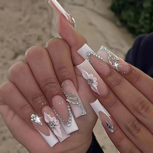 Butterfly Flower Rhinestone Press-On Nails - Coffin French